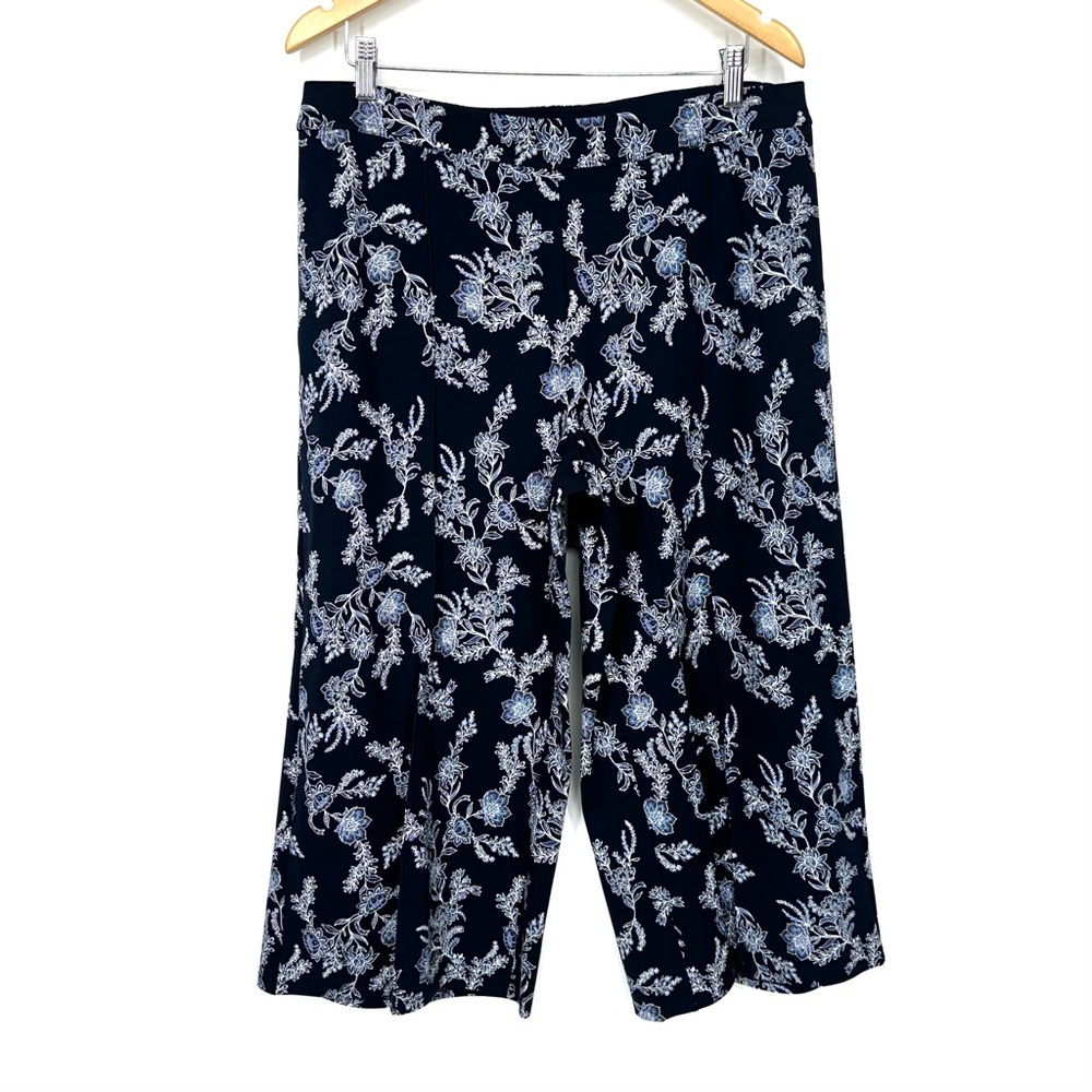 J. Jill Navy Blue & White Wildflower Pull On Wide Leg Cropped Gaucho Pants